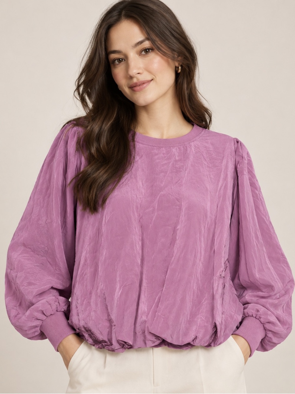 Easel Purple Puff-Sleeve Blouse With Bubble Hem NWT
